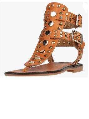 FOWT Orange Round Split Toe Rivet Studded Flat Gladiators Ankle Strap Sandals